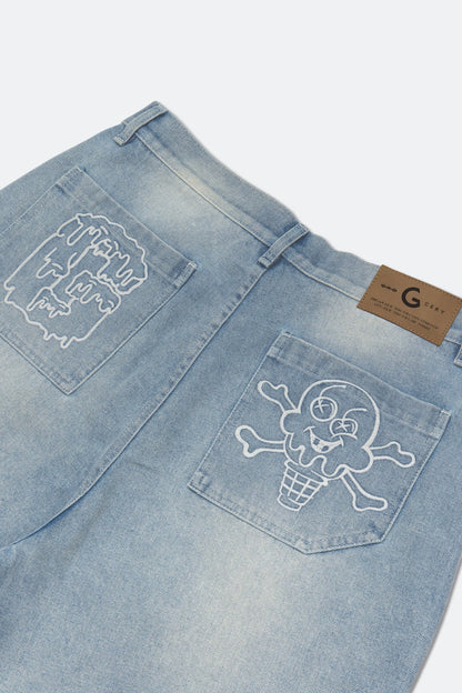 GROCERY X ICECREAM EMBROIDERY LOGO WASHED DENIM SHORTS/ LIGHT BLUE - GROGROCERY