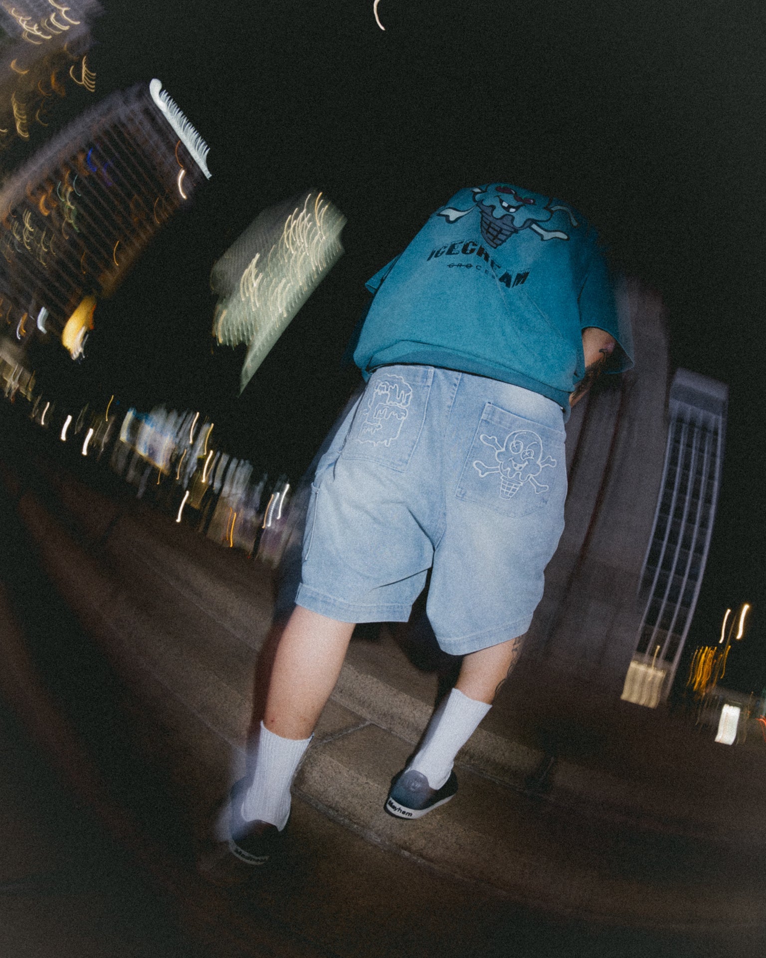 GROCERY X ICECREAM EMBROIDERY LOGO WASHED DENIM SHORTS/ LIGHT BLUE - GROGROCERY