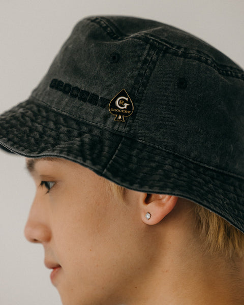 GROCERY x KATOL WASHED EMBROIDERY LOGO BUCKET HAT/ WASHED BLACK - GROGROCERY