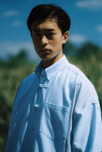 GROCERY X NEEDLESS CHINESE BUTTON STRIPE SHIRT/ BLUE & GREY - GROGROCERY