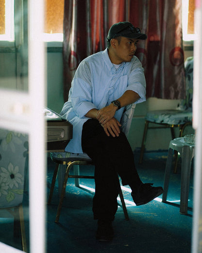 GROCERY X NEEDLESS CHINESE BUTTON STRIPE SHIRT/ BLUE & GREY - GROGROCERY