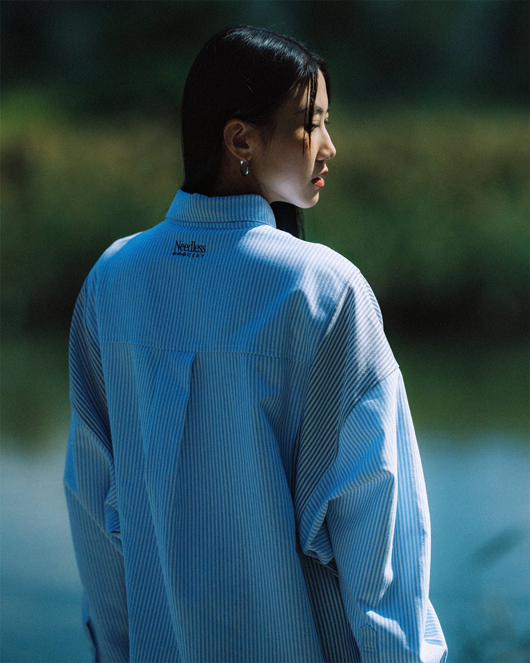 GROCERY X NEEDLESS CHINESE BUTTON STRIPE SHIRT/ BLUE & GREY - GROGROCERY