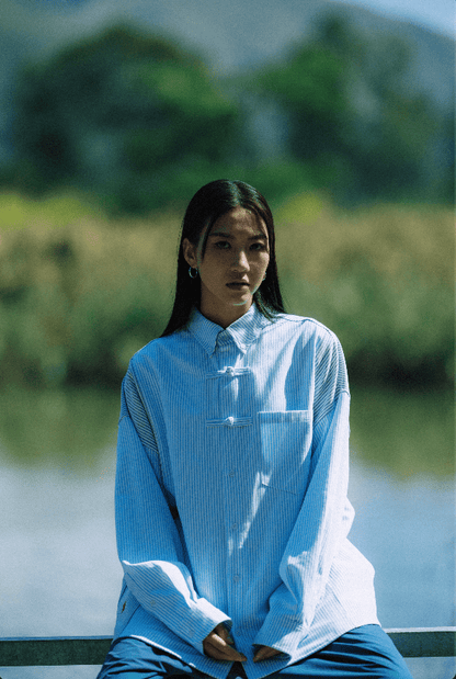 GROCERY X NEEDLESS CHINESE BUTTON STRIPE SHIRT/ BLUE & GREY - GROGROCERY