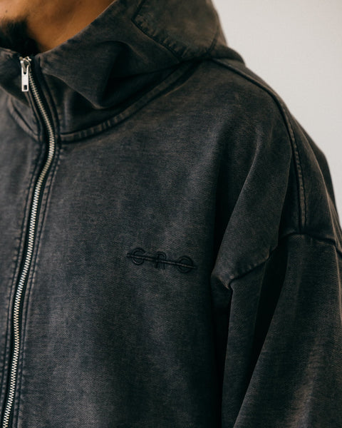 GROCERY x ROARING CENTURY WASHED ZIP UP HOODIE/ WASHED BLACK - GROGROCERY