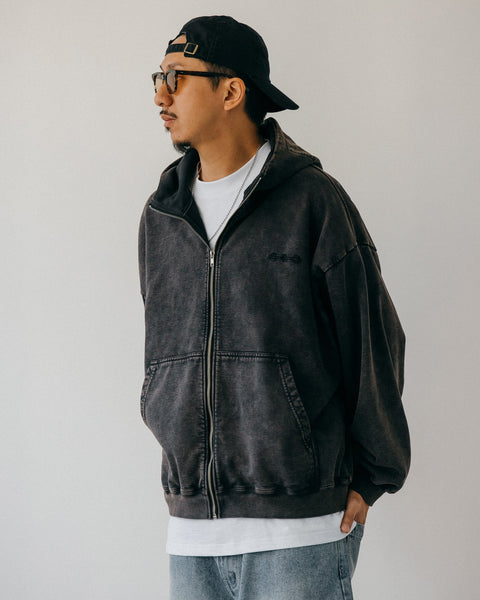 GROCERY x ROARING CENTURY WASHED ZIP UP HOODIE/ WASHED BLACK - GROGROCERY