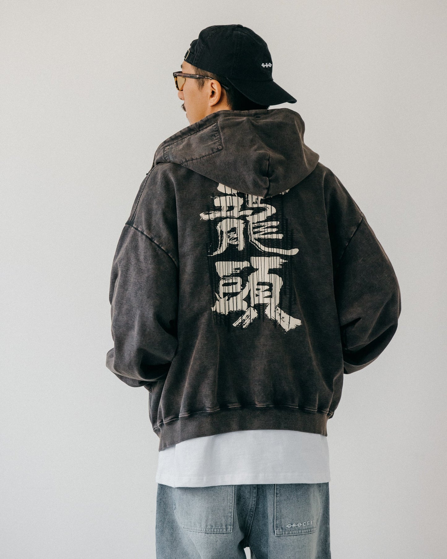 GROCERY x ROARING CENTURY WASHED ZIP UP HOODIE/ WASHED BLACK - GROGROCERY