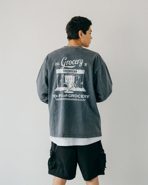 ⁠GROCERY x RUNNING TO - FU SNOW WASHED GRAPHIC LONG TOP/ STEEL BLUE - GROGROCERY