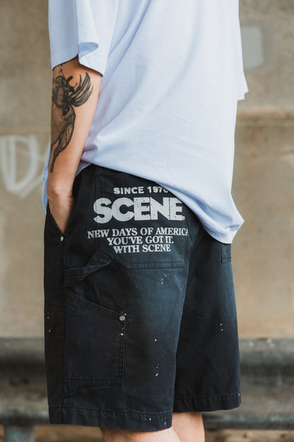 GROCERY X SCENE HEAVY WASHED DOUBLE KNEE VINTAGE WORKER SHORTS/ BLACK - GROGROCERY