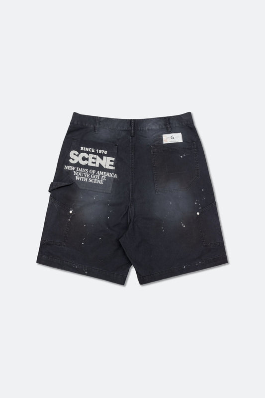 GROCERY X SCENE HEAVY WASHED DOUBLE KNEE VINTAGE WORKER SHORTS/ BLACK - GROGROCERY