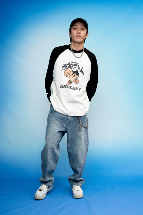 GROCERY x TOY QUBE ASTRO BOY GRAPHIC RAGLAN LONG TOP/ BLACK & CREAM - GROGROCERY