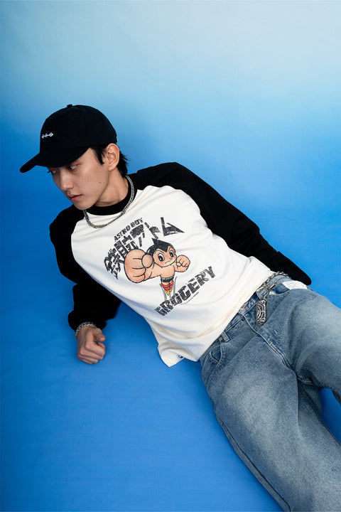 GROCERY x TOY QUBE ASTRO BOY GRAPHIC RAGLAN LONG TOP/ BLACK & CREAM - GROGROCERY