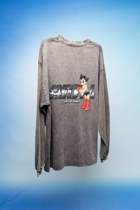 GROCERY x TOY QUBE ASTRO BOY WASHED HEART LONG TOP/ WASHED CHARCOAL - GROGROCERY