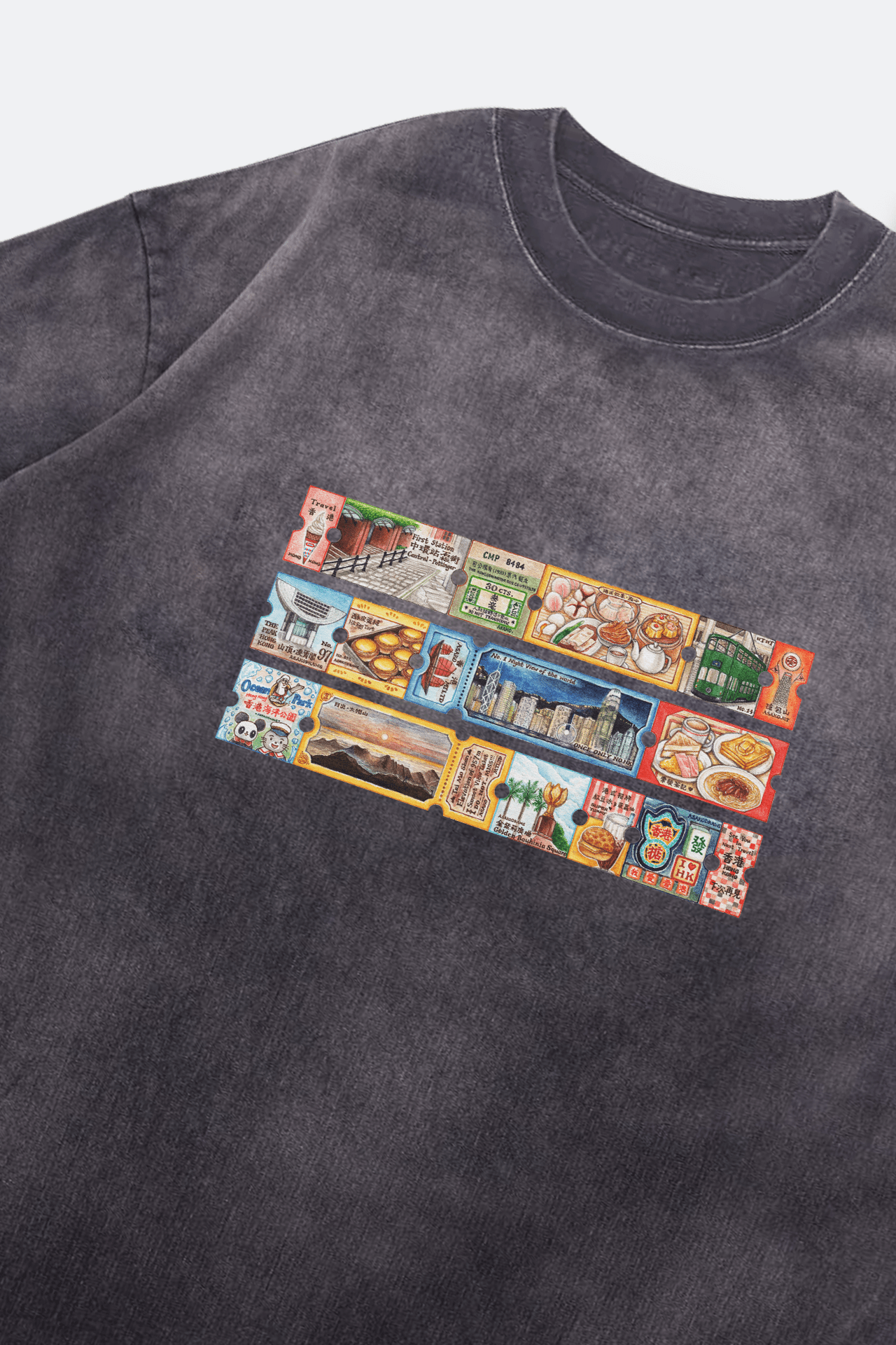 Grodesign - Hong Kong Travel Tickets Washed Graphic Tee/ Faded Dark Grey by Asako - GROGROCERY