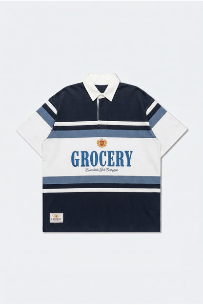 GROCERY COLLEGE LOGO STRIPE POLO SHIRT/ CREAM & NAVY