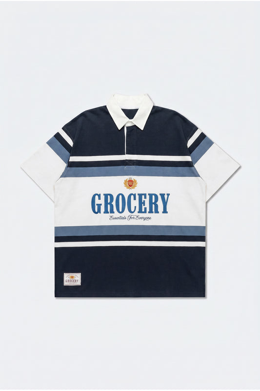 GROCERY COLLEGE LOGO STRIPE POLO SHIRT/ CREAM & NAVY