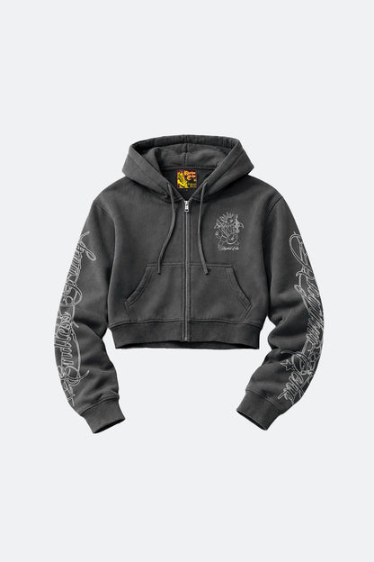 RHYTHM ECHO ROCK KITTY GIRLS LOOSE CROP ZIP HOODIE - GROGROCERY