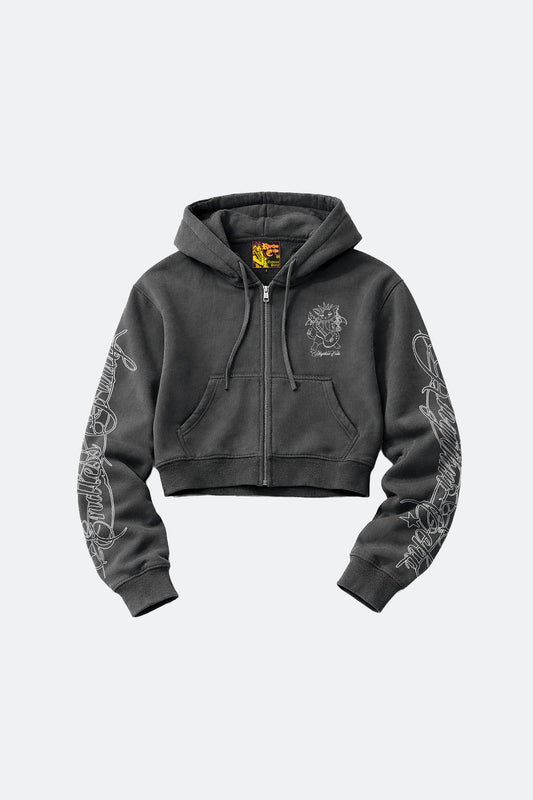 RHYTHM ECHO ROCK KITTY GIRLS LOOSE CROP ZIP HOODIE - GROGROCERY