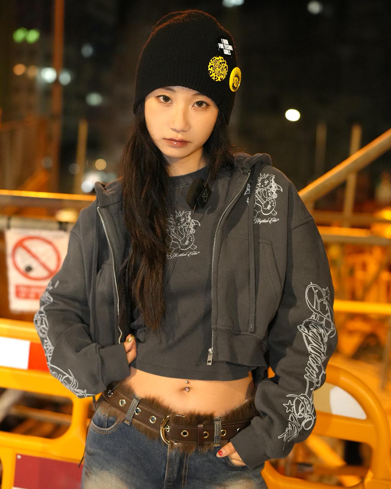 RHYTHM ECHO ROCK KITTY GIRLS LOOSE CROP ZIP HOODIE - GROGROCERY