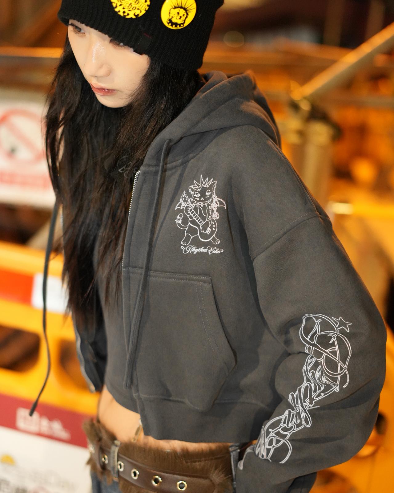 RHYTHM ECHO ROCK KITTY GIRLS LOOSE CROP ZIP HOODIE - GROGROCERY