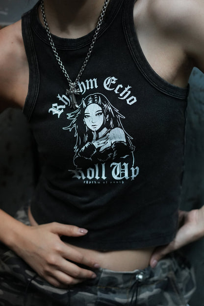 RHYTHM ECHO ROLL UP HEAVY WASH GIRLS TANK TOP/ BLACK - GROGROCERY