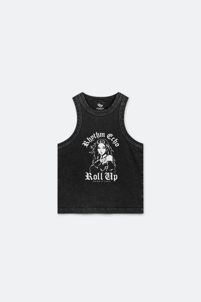 RHYTHM ECHO ROLL UP HEAVY WASH GIRLS TANK TOP/ BLACK - GROGROCERY