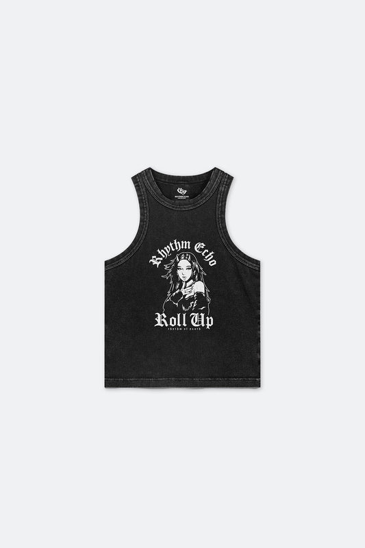 RHYTHM ECHO ROLL UP HEAVY WASH GIRLS TANK TOP/ BLACK - GROGROCERY
