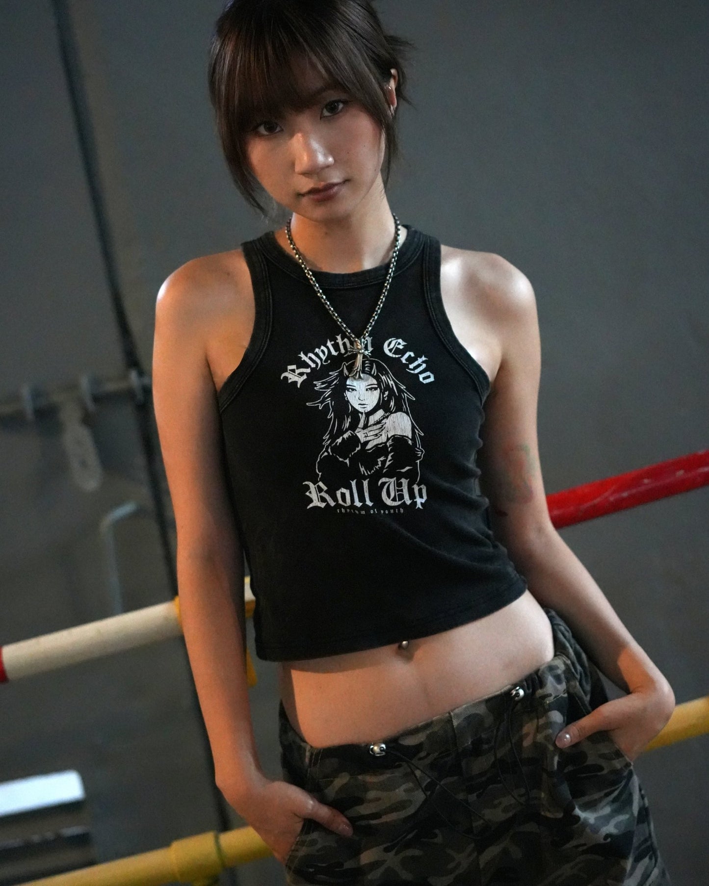 RHYTHM ECHO ROLL UP HEAVY WASH GIRLS TANK TOP/ BLACK - GROGROCERY