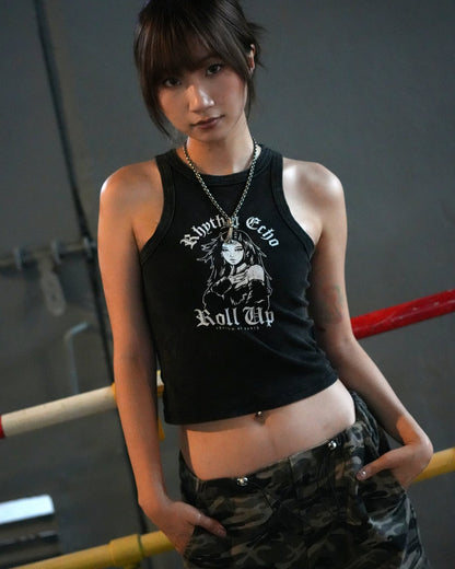 RHYTHM ECHO ROLL UP HEAVY WASH GIRLS TANK TOP/ BLACK - GROGROCERY