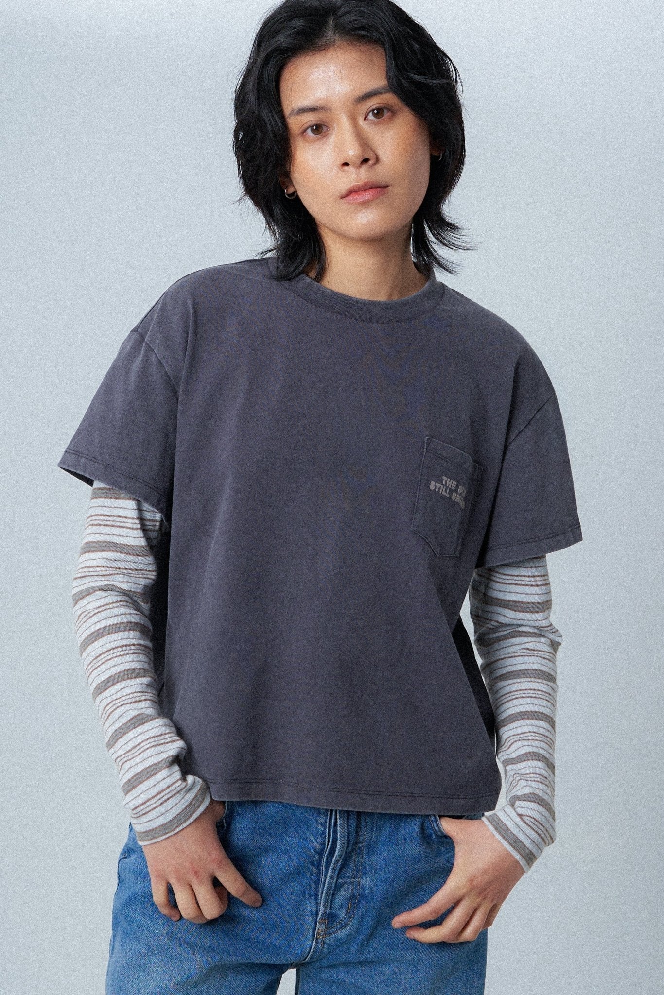 WARM WINTER DAYS DOUBLE LAYERED POCKET TEE/ GREY - GROGROCERY