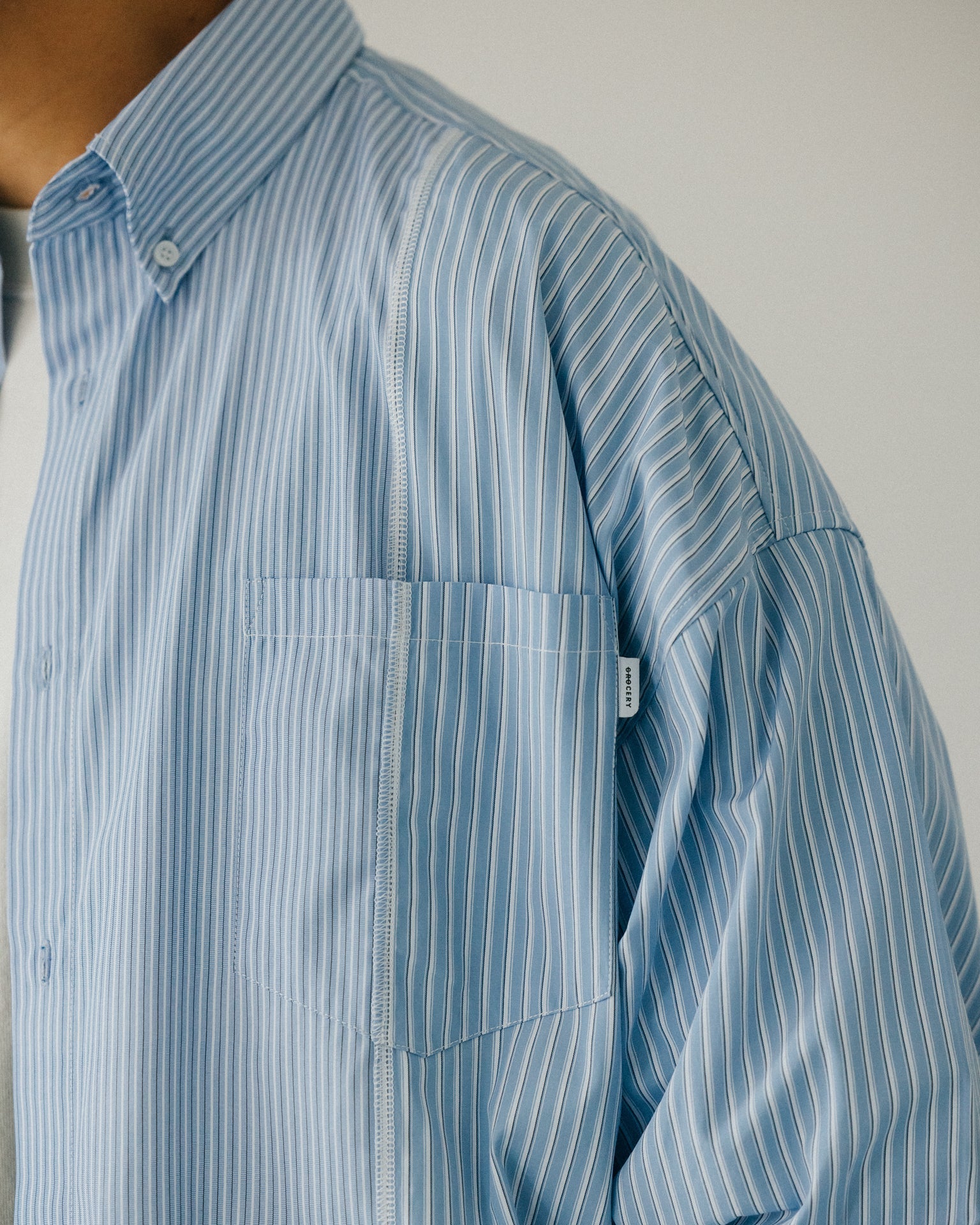 GROCERY ST-017 TWO TONE PATCHWORK STRIPE SHIRT/ BLUE & WHITE - GROGROCERY