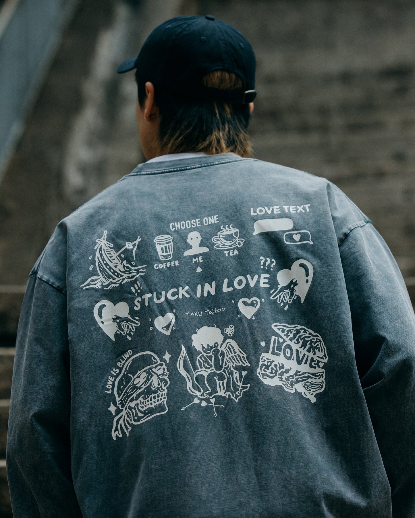 Grodesign - Stuck In Love Snow Washed Steel Blue Pocket Long Top by Takuu Tattoo - GROGROCERY