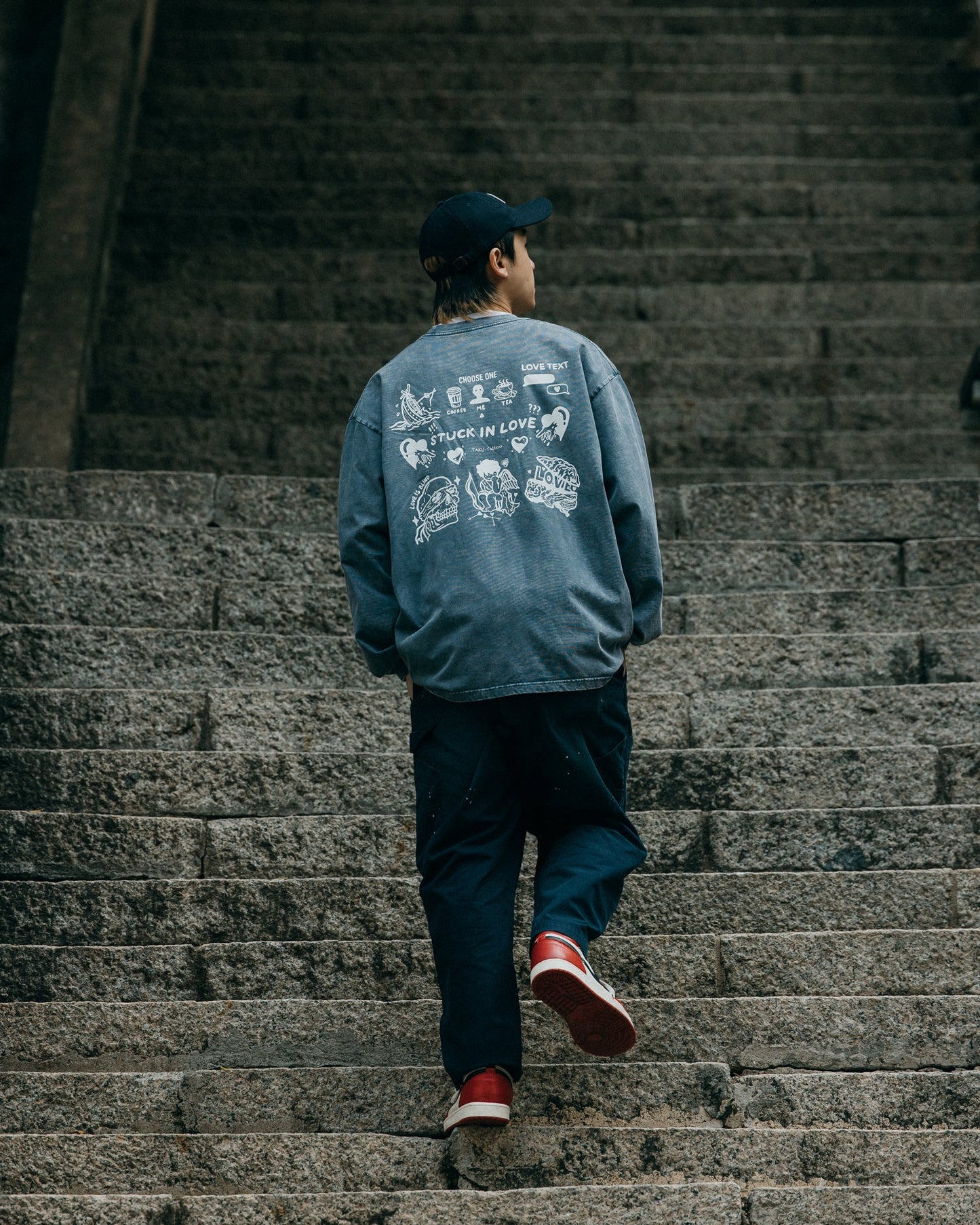 Grodesign - Stuck In Love Snow Washed Steel Blue Pocket Long Top by Takuu Tattoo - GROGROCERY